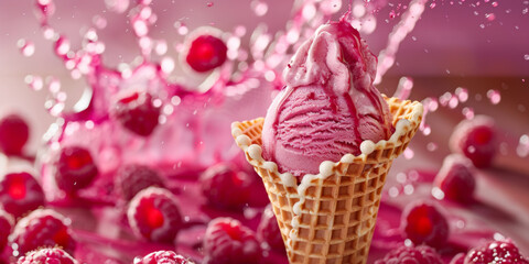 Wall Mural - Raspberry ice cream in a waffle cone close-up in the splash of raspberry juice, summer creative dessert banner