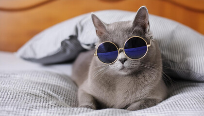 Poster - A cool and funny cat in sunglasses is lying in a bed, looking, grey color smooth short fur, grey pillows