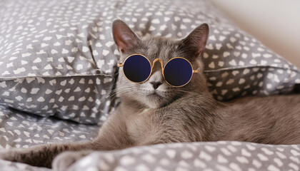 Wall Mural - A cool and funny cat in sunglasses is lying in a bed, looking, grey color smooth short fur, grey pillows