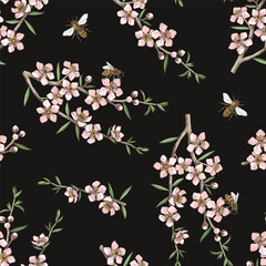 Wall Mural - Seamless pattern with Wild Manuka Blossom and Bees