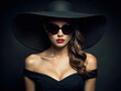 Beautiful sexy woman in sunglasses and Hat. Lady in the dark