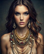 Beautiful sexy woman in many jewelry and make-up. girl wit necklaces and earrings