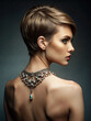 beautiful short hair woman with necklace on her naked back. sexy Girl with jewelry