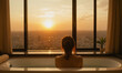 young woman relaxing in bath and looking at sunset. girl in bathroom with panoramic windows.