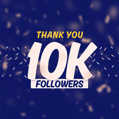 Thank you 10k followers celebration with gold rose pink blurry confetti on blue background