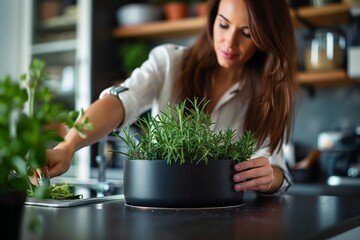 Home gardening with fresh rosemary herbs..