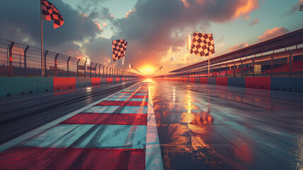Wall Mural - Race track with two large checkered flags icons of motor sport under a sunset sky. Formula 1 racing track. Multicolour reflection.  F1 grand  prix race