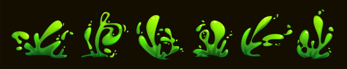 Wall Mural - green toxic liquid splash. cartoon vector illustration set of slime explosion or magic fire flame ef