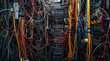 © MAJGraphics - Complex network server wiring chaos, Close-up view of tangled cables and wires in a data center's network server rack