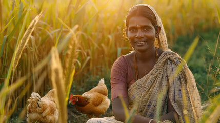 Wall Mural - Indian rural woman standing at agriculture field