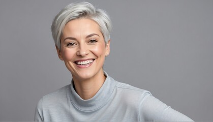 Wall Mural - plain silver background happy lesbian woman looking at camera in studio shot portrait from Generative AI