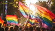 © OMGAi - Pride Parade Celebration with Rainbow Flags. Vibrant scene at a pride parade showing a crowd waving rainbow flags under the bright sunlight, celebrating diversity and freedom. LGBTQ