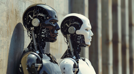 Two Humanoid Robots with Exposed Mechanics. Close-up view of two humanoid robots, one black and one white, showcasing intricate internal mechanics against a concrete background.