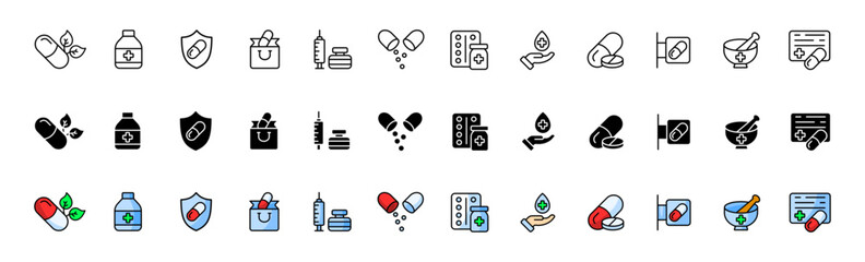 Wall Mural - Preparation icons collection. Medicine pills icons. Linear, silhouette and flat style. Vector icons