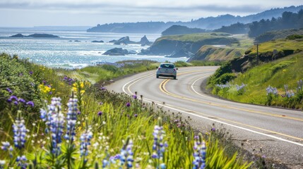 A scenic drive along a coastal highway with breathtaking ocean views, winding roads, and cliffsides dotted with wildflowers, capturing the freedom and adventure of summer road trips.