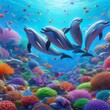 A playful pod of dolphins dances through a vibrant coral reef teeming with colorful fish