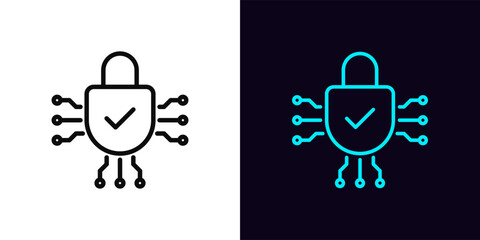 Outline digital lock icon, with editable stroke. Digital lock with tick sign. Reliable cyber security, digital data protection, safety policy, secure service, cyber guard technology. Vector icon