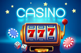 Fototapeta  - Casino 777 banner slots machine winner, jackpot fortune of luck. Vector illustration