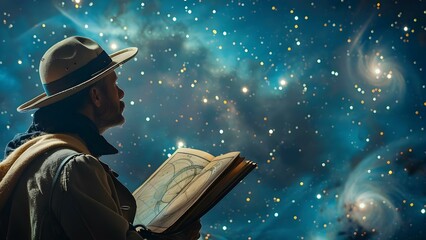 Wall Mural - Stargazing Astronomer with Antique Chart Contemplates Fate in the Starry Sky. Concept Stargazing, Astronomer, Antique Chart, Contemplation, Fate, Starry Sky