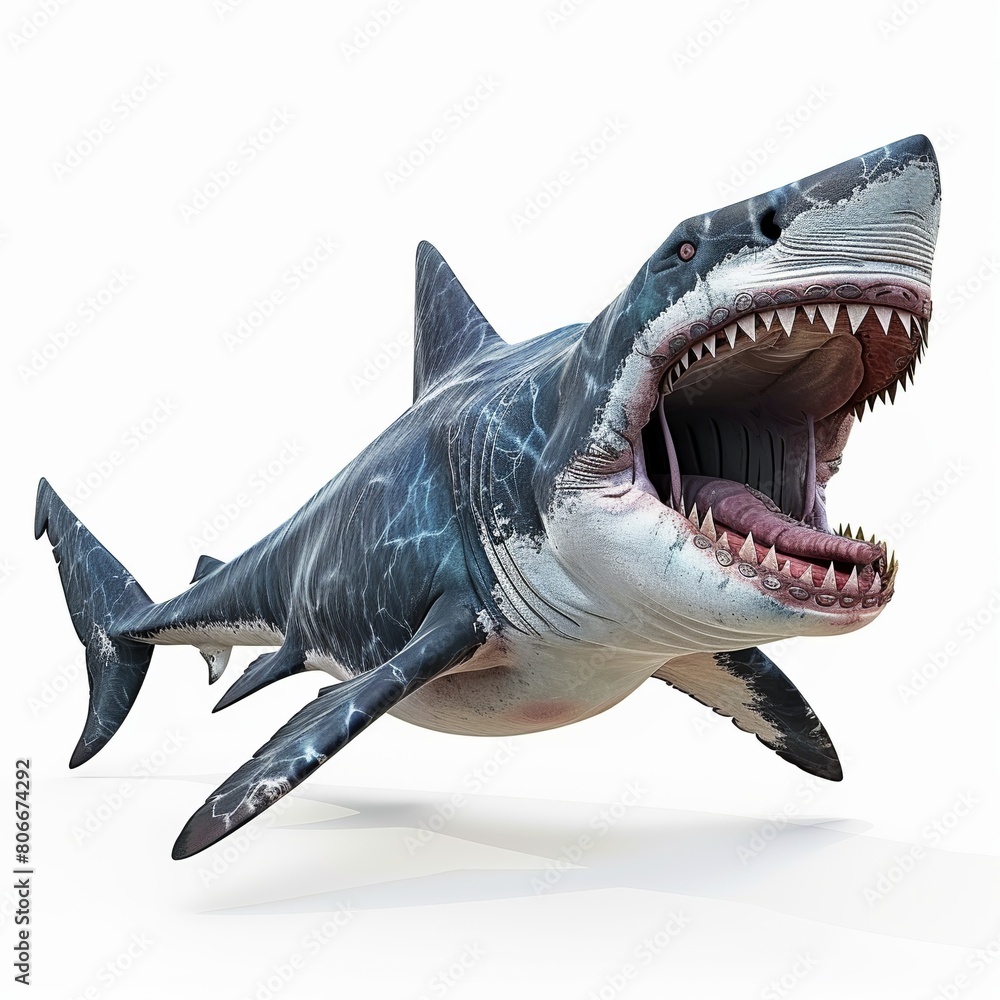 3D rendering cartoon of a megalodon shark swimming in ancient oceans ...