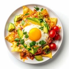 Wall Mural - Fried egg, avocado, and tomatoes topping a white plate