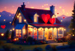 A cozy house with a lit window and two hearts on the roof