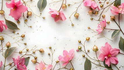 Poster - Elegant White Paper with Pink Flowers, Golden Buds, Green Leaves, and Gold Veins. Concept Paper Crafts, Floral Designs, Colorful Accents, Golden Touch, Botanical Themes