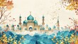 Illustration Silhouette design of Muslim and Islamic mosque with minarets with natural background, trees, branches and leaves. Theme, background with mosque, place for text, yellow and blue color