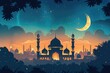 Image of an Arab Muslim mosque under the night starry sky and the moon with two high minarets, faith, namaz, ramadan, eid al-Fitr