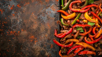Wall Mural - Tray filled with Mexican fajitas and peppers on a wooden table