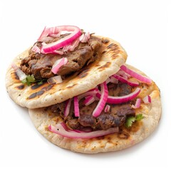 Wall Mural - Two Mexican-style Gorditas topped with meat and onions on a plain white background