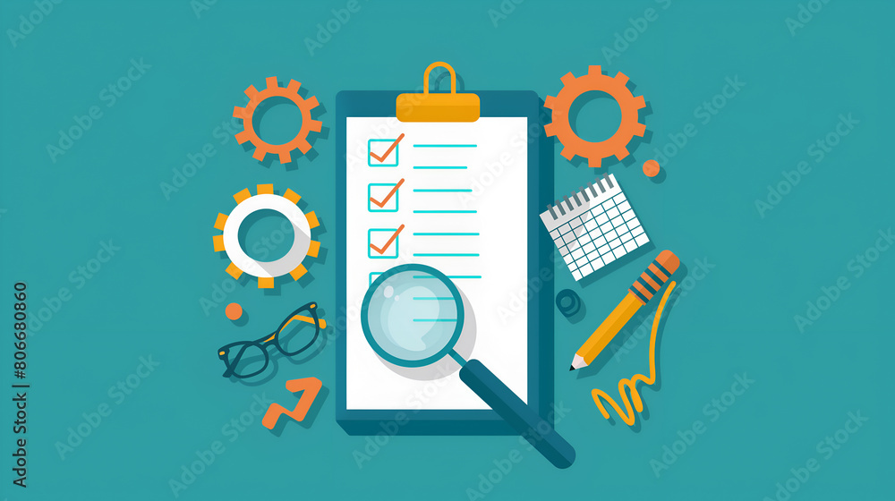Detailed setup of a clipboard with gears and magnifying glass. Flat ...