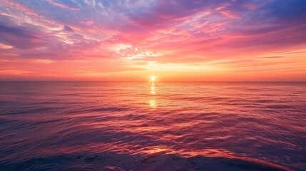 Wall Mural - A vibrant sunset over the ocean, with fiery orange and pink hues reflecting off the calm waters, evoking feelings of warmth and tranquility. 