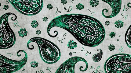 Wall Mural - Wool textured light gray canvas displaying rich emerald green paisley designs.