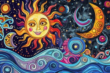 Wall Mural - Cartoon cute doodles of smiling suns and moons floating amidst waves of trippy fractal patterns, Generative AI