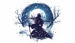 Fantasy Samurai Woman with Wolves in Snowy Landscape Vector Art