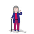Anciana con bastón saludando.