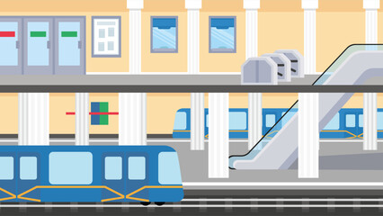 Poster - Subway station with trains and escalators. Vector illustration in flat style