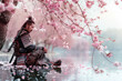 Tranquil Samurai in Cherry Blossom Garden Reflecting Peace