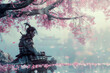 Samurai Contemplating under Cherry Blossom Tree in Spring