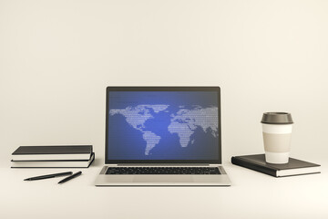 Wall Mural - modern computer screen with abstract creative digital world map, research and analytics concept. 3d 