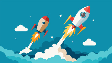 Wall Mural - Two rocket ships taking off one shooting high into the sky and the other straight into the ground depicting the potential for soaring career. Vector illustration