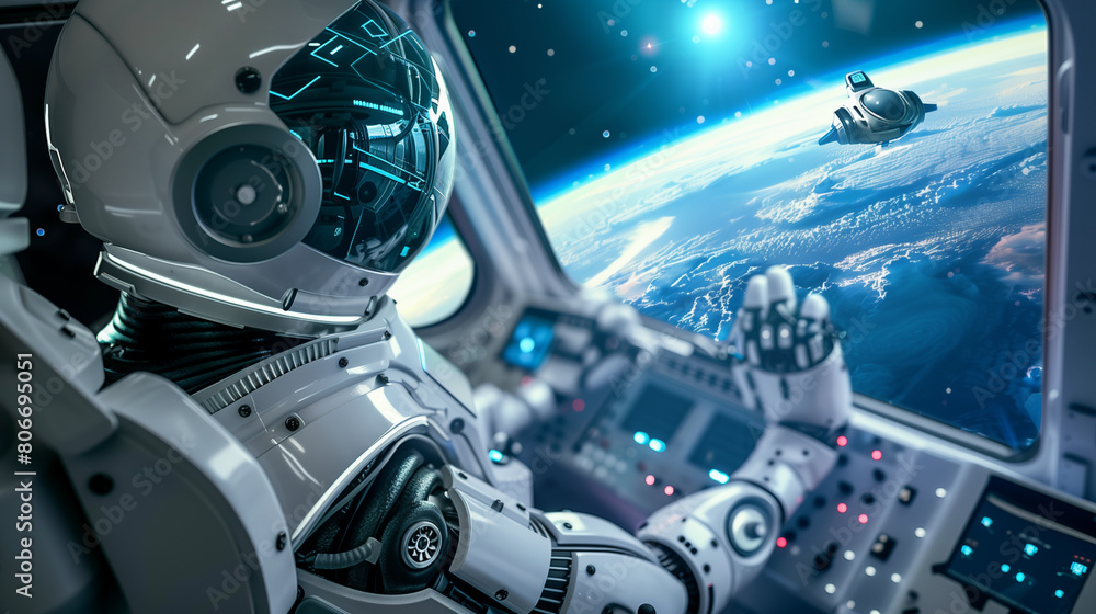 copy space, stockphoto AI android robot flying a hightech rocket, view ...
