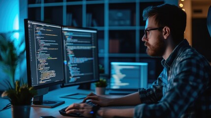 side view of professional software developer coding program or engineering prompt. skilled programme