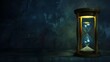 © CrazyJuke - Hourglass stands on dark background, conveying urgency and the concept of time running out. Long banner format. Ai Generated