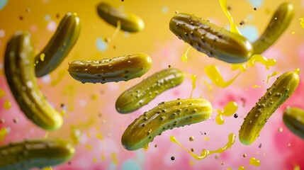 Pickles and juice flying up in the air, advertisement, healthy lifestyle, pastel colors background, HD, Food photography