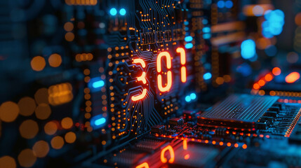 Close-up of a circuit board with illuminated binary code; highlights the intricate design and technology of electronic computing hardware with a focus on digital data.