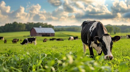 a beautiful black and white cow grazes peacefully in a lush green field surrounded by a serene pasto