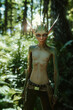 Topless beautiful female alien standing outside in the nature during a hot sunny summer day. She's wearing only pants
