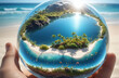 © Sergey - on the eve of your vacation, your journey is in your hands, a transparent globe with a paradise tropical beach, sea. Design for banner, postcard, tourism product